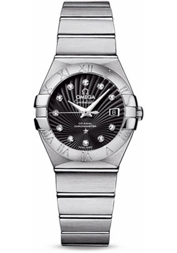 Omega Ladies Constellation Chronometer Watch - 27 mm Brushed Steel Case - Black Supernova Diamond Dial - 123.10.27.20.51.001