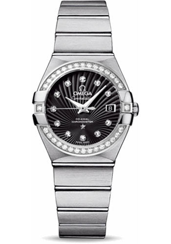 Omega Ladies Constellation Chronometer Watch - 27 mm Brushed Steel Case - Diamond Bezel - Black Supernova Diamond Dial - 123.15.27.20.51.001