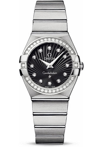 Omega Ladies Constellation Quartz Watch - 27 mm Brushed Steel Case - Diamond Bezel - Black Diamond Dial - 123.15.27.60.51.001