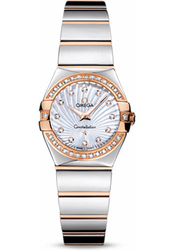 Omega Ladies Constellation Polished Quartz Watch - 24 mm Polished Steel And Red Gold Case - Diamond Bezel - Mother-Of-Pearl Diamond Dial - Steel And Red Gold Bracelet - 123.25.24.60.55.006