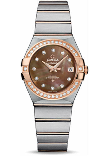 Omega Ladies Constellation Chronometer Watch - 27 mm Brushed Steel And Red Gold Case - Diamond Bezel - Dark Mother-Of-Pearl Diamond Dial - 123.25.27.20.57.001