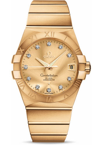 Omega Gents Constellation Chronometer Watch - 38 mm Brushed Yellow Gold Case - Champagne Diamond Dial - 123.50.38.21.58.001