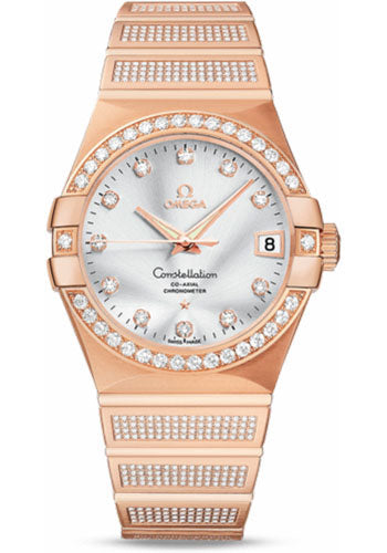 Omega Constellation Jewellery Luxury Edition Chronometer Watch - 38 mm Brushed Red Gold Case - Diamond Bezel - Silver Diamond Dial - 123.55.38.21.52.005