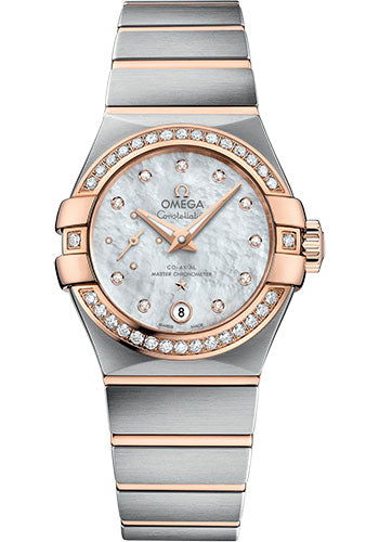 Omega Constellation Co-Axial Master CHRONOMETER Small Seconds Petite Seconde Watch - 27 mm Steel And Red Gold Case - White Mother-Of-Pearl Diamond Dial - 127.25.27.20.55.001