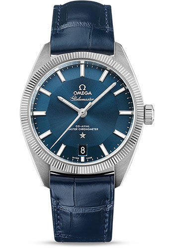 Omega Constellation Globemaster Co-Axial Master Chronometer Watch - 39 mm Steel Case - Fluted Bezel - Blue Dial - Blue Leather Strap - 130.33.39.21.03.001