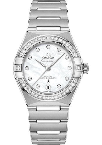 Omega Constellation Manhattan Co-Axial Master Chronometer Watch - 29 mm Steel Case - Diamond-Paved Bezel - Mother-Of-Pearl Diamond Dial - 131.15.29.20.55.001