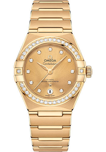 Omega Constellation Manhattan Co-Axial Master Chronometer Watch - 29 mm Yellow Gold Case - Diamond-Paved Bezel - Champagne Diamond Dial - 131.55.29.20.58.001