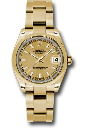 Rolex Yellow Gold Datejust 31 Watch - Domed Bezel - Champagne Index Dial - Oyster Bracelet - 178248 chio