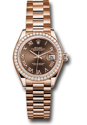 Rolex Everose Gold Lady-Datejust 28 Watch - 44 Diamond Bezel - Chocolate Roman Dial - President Bracelet - 279135RBR chorp