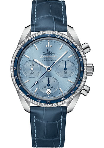 Omega Speedmaster 38 Co-Axial Chronograph Watch - 38 mm Steel Case - Dual Diamond Bezel - Ice Blue Dial - Blue Leather Strap - 324.38.38.50.03.001