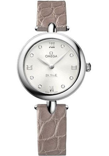 Omega De Ville Prestige Quartz Dewdrop Watch - 27.4 mm Steel Case - Silvery-Sun Dial - Leather Strap - 424.13.27.60.52.001