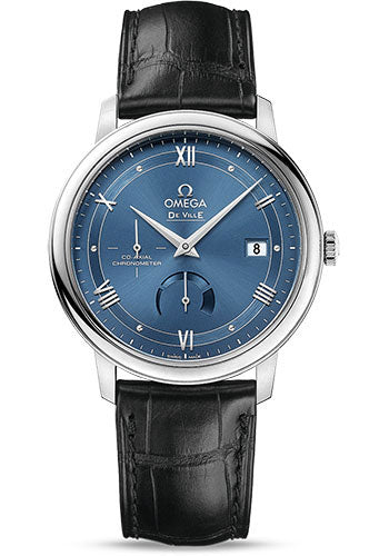 Omega De Ville Prestige Co-Axial Power Reserve Watch - 39.5 mm Steel Case - Blue Dial - Black Leather Strap - 424.13.40.21.03.002