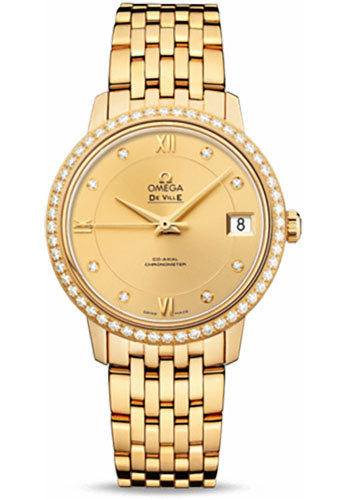 Omega De Ville Prestige Co-Axial Watch - 32.7 mm Yellow Gold Case - Diamond Bezel - Champagne Diamond Dial - 424.55.33.20.58.001