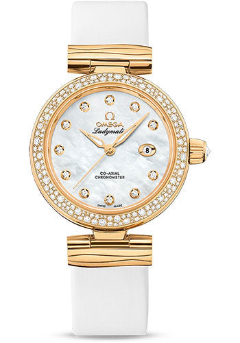 Omega De Ville Ladymatic Omega Co-Axial Watch - 34 mm Yellow Gold Case - Diamond Bezel - White Diamond Dial - White Leather Strap - 425.67.34.20.55.007