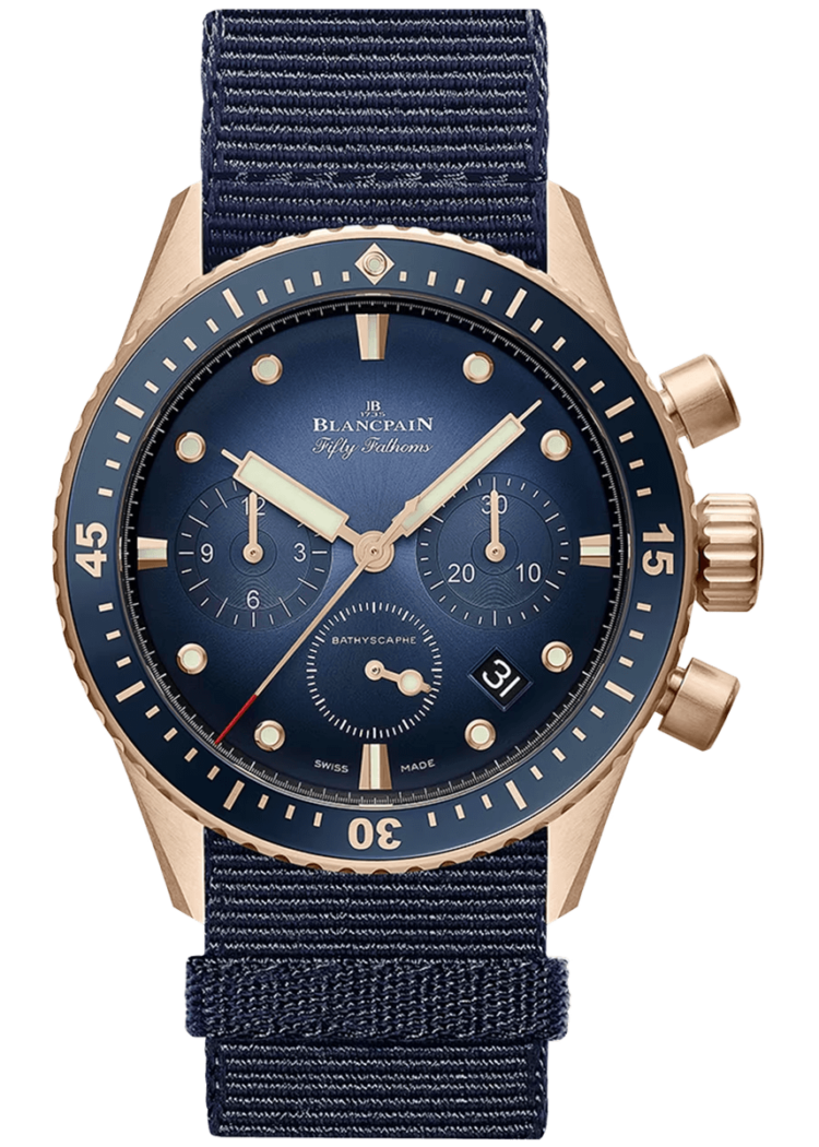 Blancpain Fifty Fathoms Bathyscaphe Chronographe Flyback Red Gold Blue NATO Men's Watch - 5200 3640 NAOA