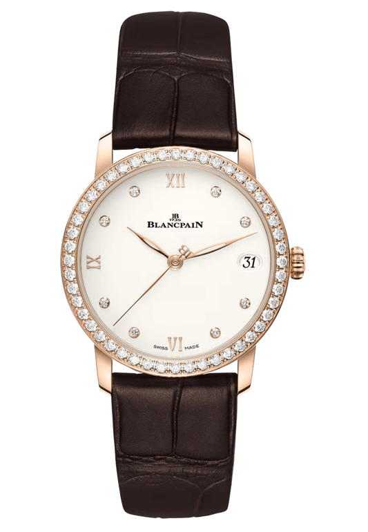 Blancpain Villeret Women Date Red Gold Diamond Ultra-Slim Alligator Ladies Watch - 6127 2987 55B