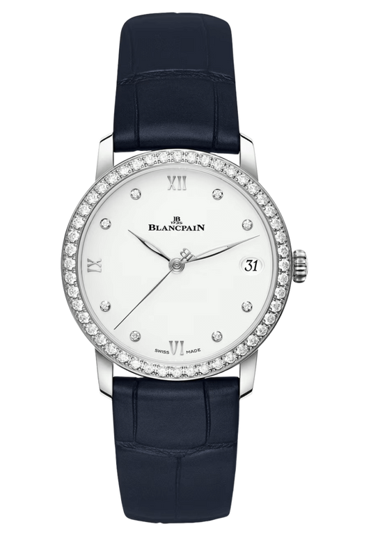 Blancpain Villeret Women Date Ultra-Slim Diamond Blue Alligator Ladies Watch - 6127 4628 55B