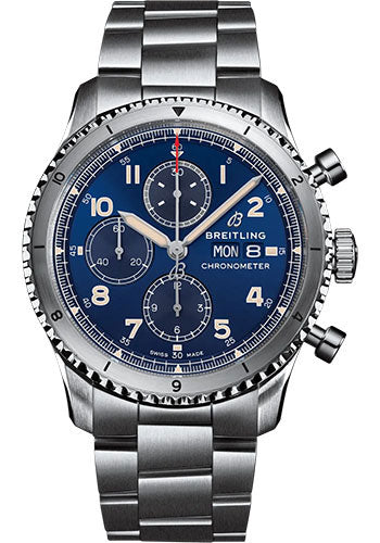 Breitling Aviator 8 Chronograph 43 Watch - Stainless Steel - Blue Dial - Metal Bracelet - A13316101C1A1