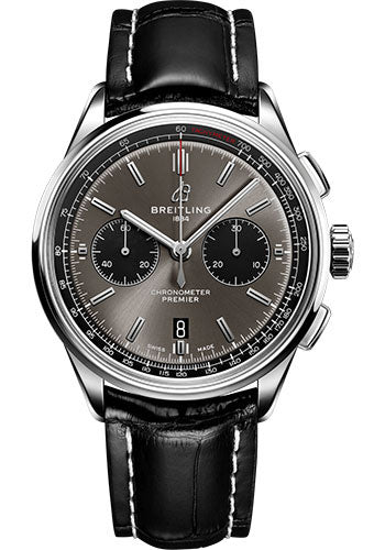 Breitling Premier B01 Chronograph 42 Watch - Steel - Blackeye Gray Dial - Black Alligator Strap - Folding Buckle - AB0118221B1P1