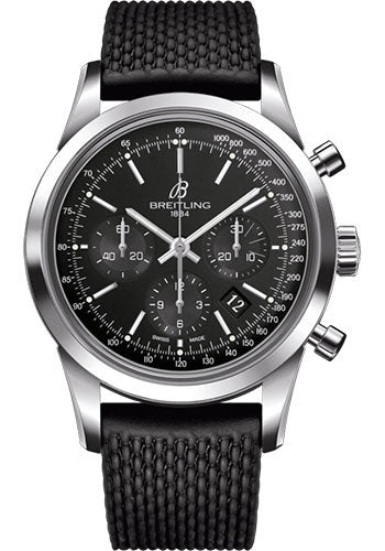 Breitling Transocean Chronograph Watch - Steel - Black Dial - Black Rubber Aero Classic Strap - Tang Buckle - AB015212/BA99/278S/A20S.1