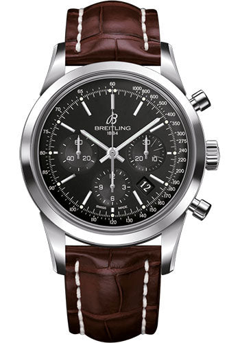 Breitling Transocean Chronograph Watch - Steel - Black Dial - Brown Croco Strap - Folding Buckle - AB015212/BA99/740P/A20D.1