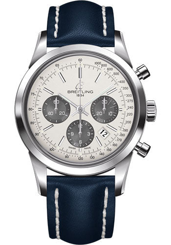 Breitling Transocean Chronograph Watch - Steel - Mercury Silver Dial - Blue Leather Strap - Folding Buckle - AB015212/G724/112X/A20D.1