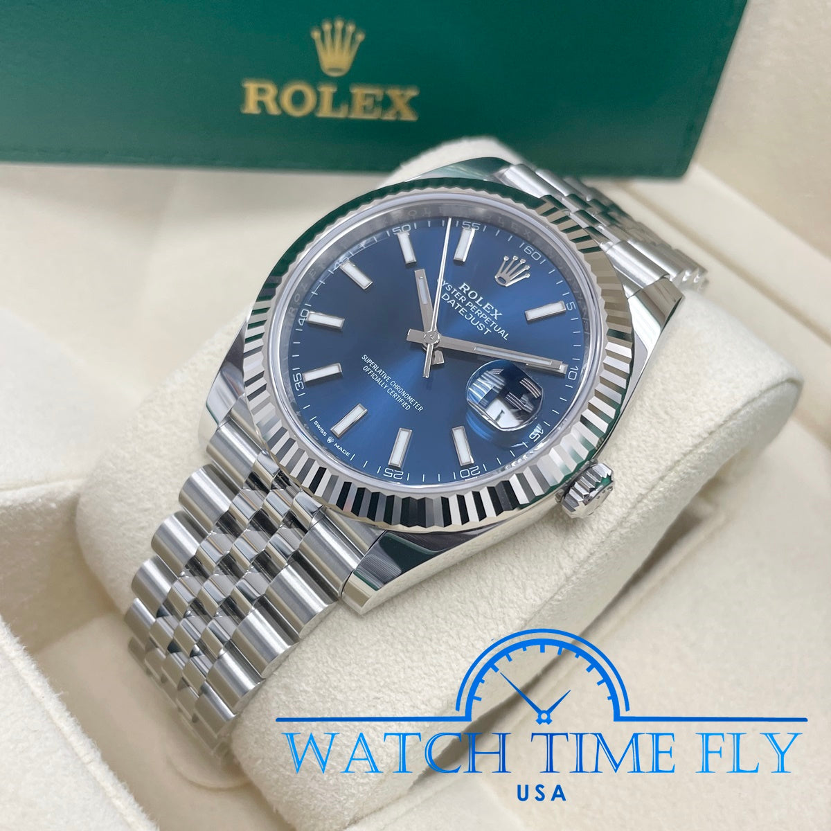 Rolex Steel and White Gold Rolesor Datejust 41 Watch - Fluted Bezel - Blue Index Dial - Jubilee Bracelet - 126334 blij