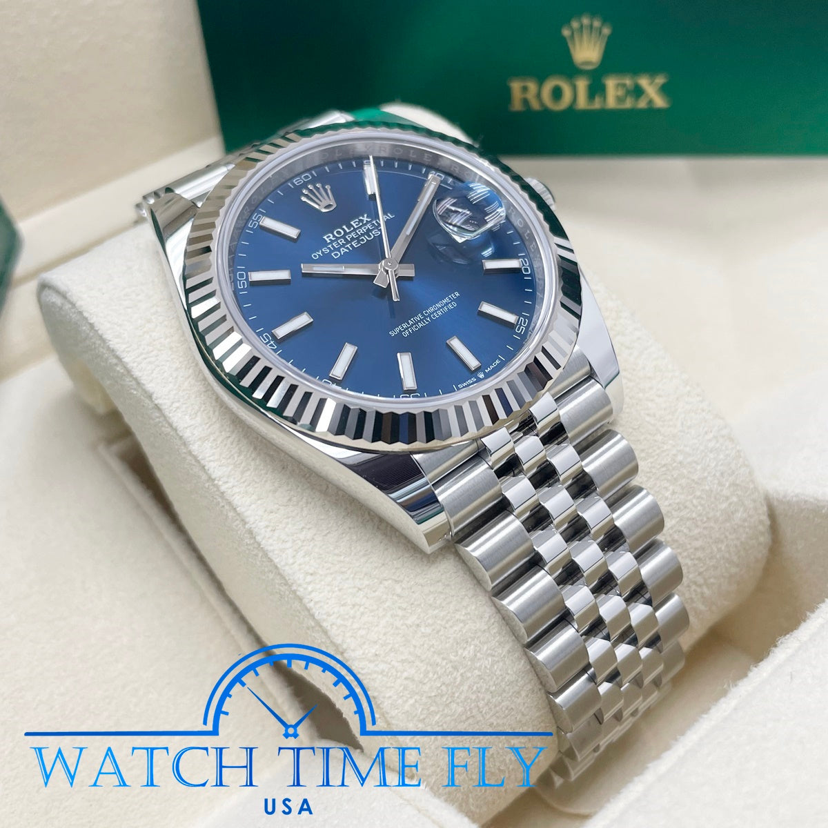 Rolex Steel and White Gold Rolesor Datejust 41 Watch - Fluted Bezel - Blue Index Dial - Jubilee Bracelet - 126334 blij