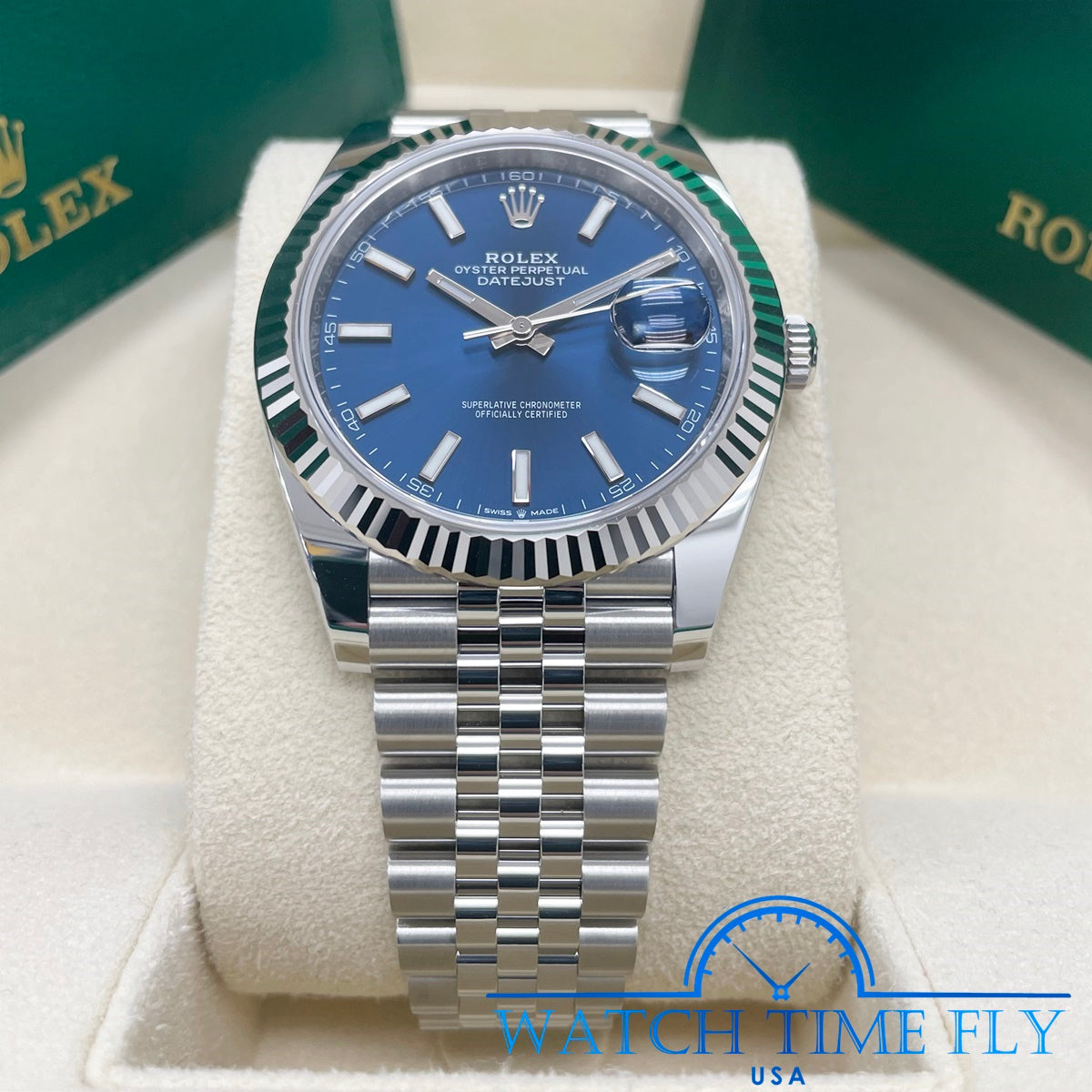 Rolex Steel and White Gold Rolesor Datejust 41 Watch - Fluted Bezel - Blue Index Dial - Jubilee Bracelet - 126334 blij