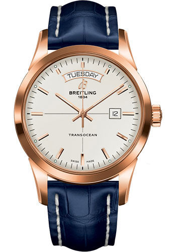 Breitling Transocean Day & Date Watch - 18k Red Gold - Mercury Silver Dial - Blue Croco Strap - Folding Buckle - R4531012/G752/732P/R20D.1