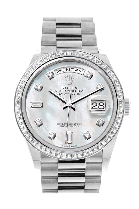 Rolex Day-Date 36 Mother of Pearl Dial Diamond Bezel Platinum President Watch 128396TBR