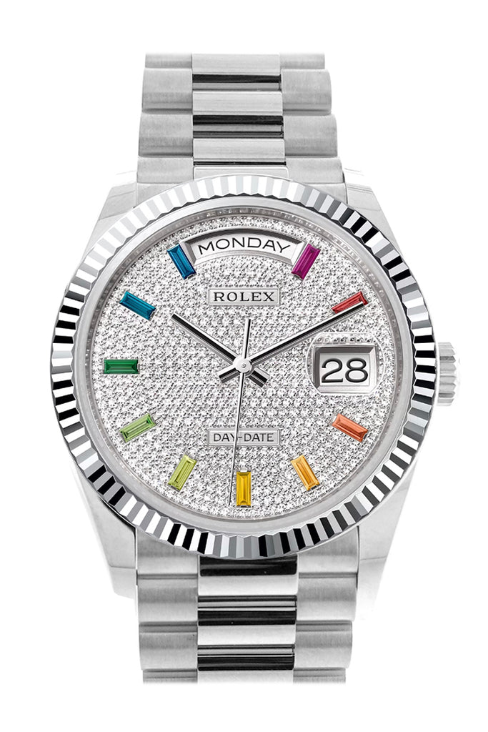 Rolex Day-Date 36 Diamond Paved Dial Fluted Bezel Platinum President Watch 128236