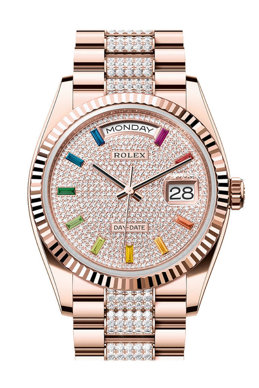 Rolex Day-Date 36 Diamond Paved Dial Fluted Bezel 18K Everose gold Diamond President Watch 128235