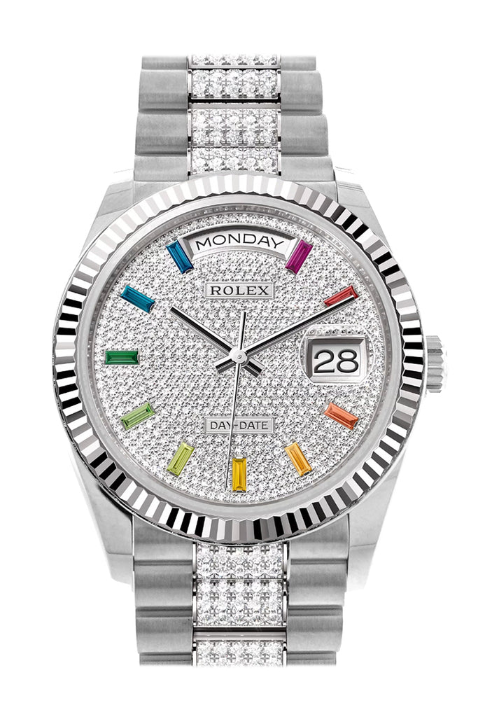 Rolex Day-Date 36 Diamond Paved Diamond Dial Fluted Bezel White Gold Diamond President Watch 128239