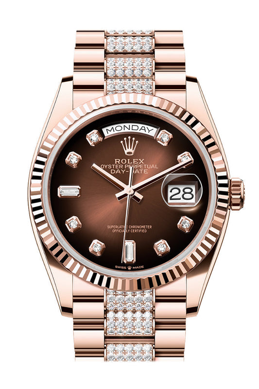 Rolex Day-Date 36 Brown Ombre Diamond Dial Fluted Bezel 18K Everose gold Diamond  President Watch 128235