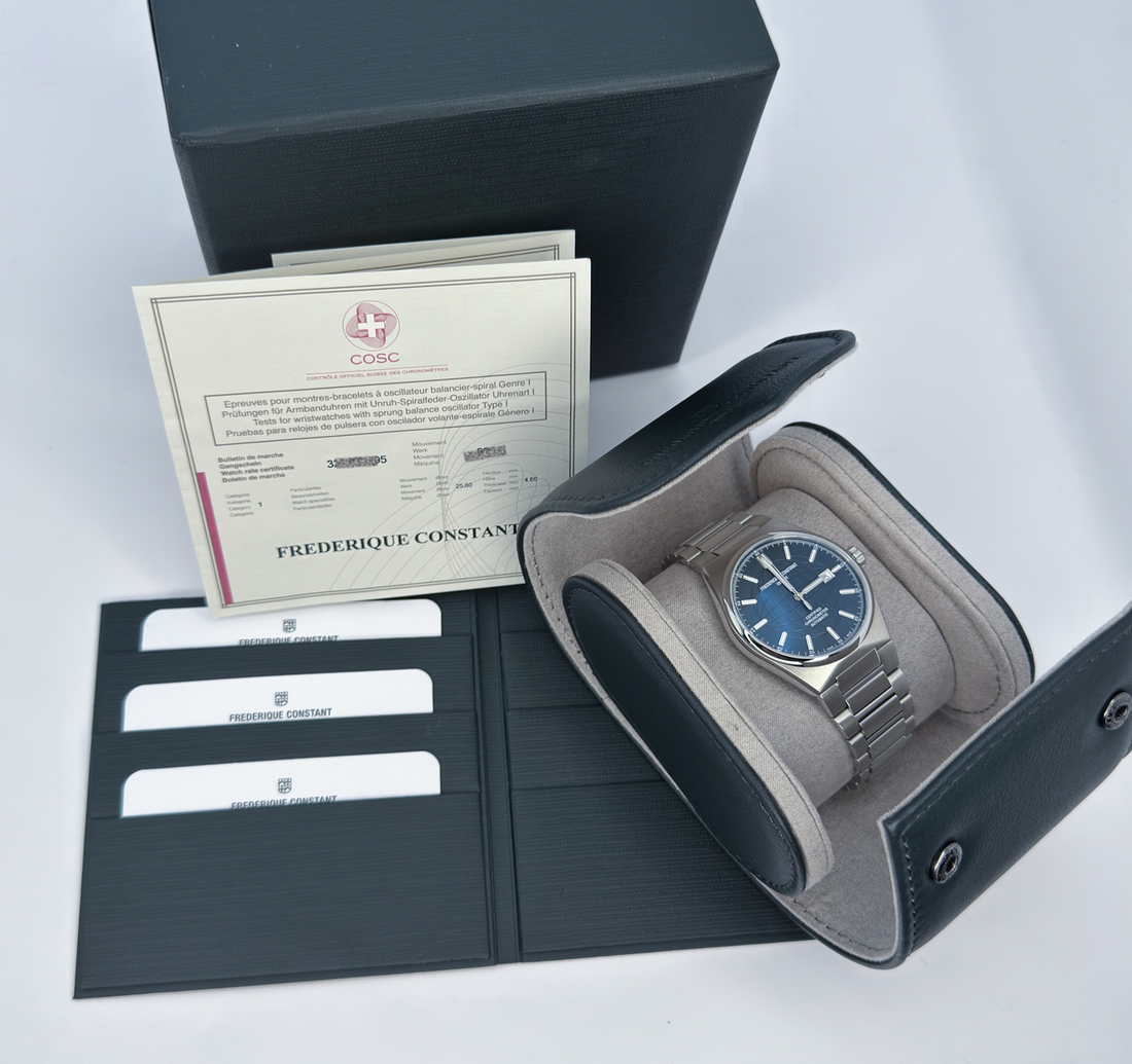 𝗙𝗿𝗲𝗱𝗲𝗿𝗶𝗾𝘂𝗲 𝗖𝗼𝗻𝘀𝘁𝗮𝗻𝘁 𝗛𝗶𝗴𝗵𝗹𝗶𝗳𝗲 𝗔𝘂𝘁𝗼𝗺𝗮𝘁𝗶𝗰 𝗖𝗢𝗦𝗖 𝗥𝗲𝗳. 𝗙𝗖-303/310𝗫4𝗧𝗡𝗛 – 41mm – Stainless Steel – Blue Dial – Very Good Condition – Complete Set