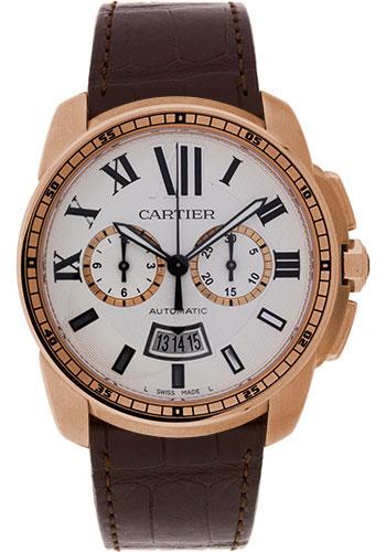 Cartier Calibre de Cartier Chronograph Watch - 42 mm Pink Gold Case - Silver Dial - Brown Alligator Strap - W7100044