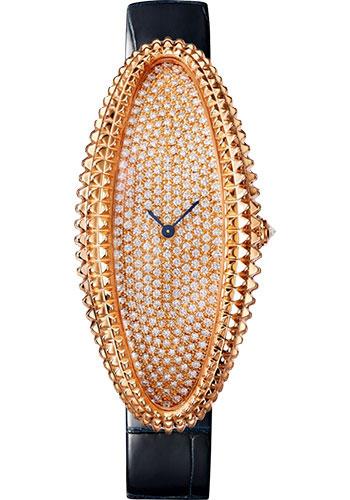 Cartier Baignoire Allongee Watch - 52 mm Pink Gold Case - Diamond Dial - Midnight Blue Strap - WJBA0017