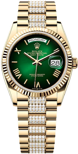 Rolex Day-Date 36 36mm Green Ombré Dial Fluted Bezel with Diamond-Set President Bracelet - 128238