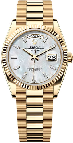 Rolex Day-Date 36 36mm White MOP Diamond-Set Dial Fluted Bezel President Bracelet - 128238