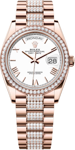 Rolex Day-Date 36 36mm White Roman Dial Diamond-Set Bezel with Diamond-Set President Bracelet - 128345RBR 