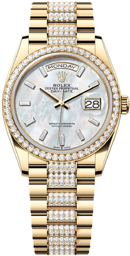 Rolex Day-Date 36 36mm White MOP Diamond-Set Dial Diamond-Set Bezel with Diamond-Set President Bracelet - 128348RBR