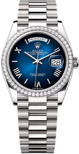 Rolex Day-Date 36 36mm Blue Ombré Dial Diamond-Set Bezel President Bracelet - 128349RBR