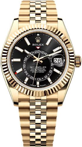 Rolex Sky-Dweller Yellow Gold 42mm Bright Black Dial Fluted Bezel Jubilee Bracelet - 336938